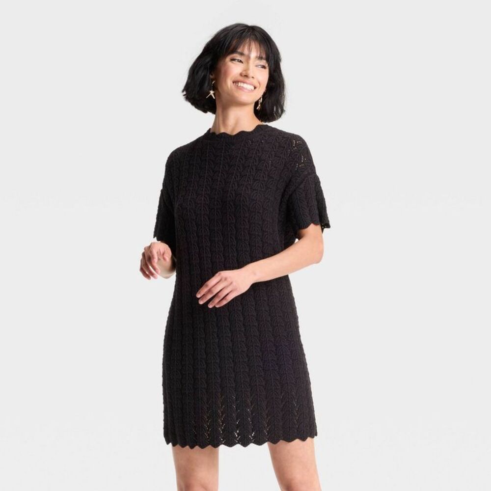 Women's Short Sleeve Pointelle Mini Sweater Dress - A New Day Black S